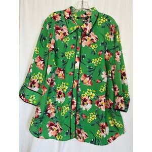 Lauren Ralph Lauren Blouse Womens 3X Green Floral Button Up 3/4 Sleeves Flowy